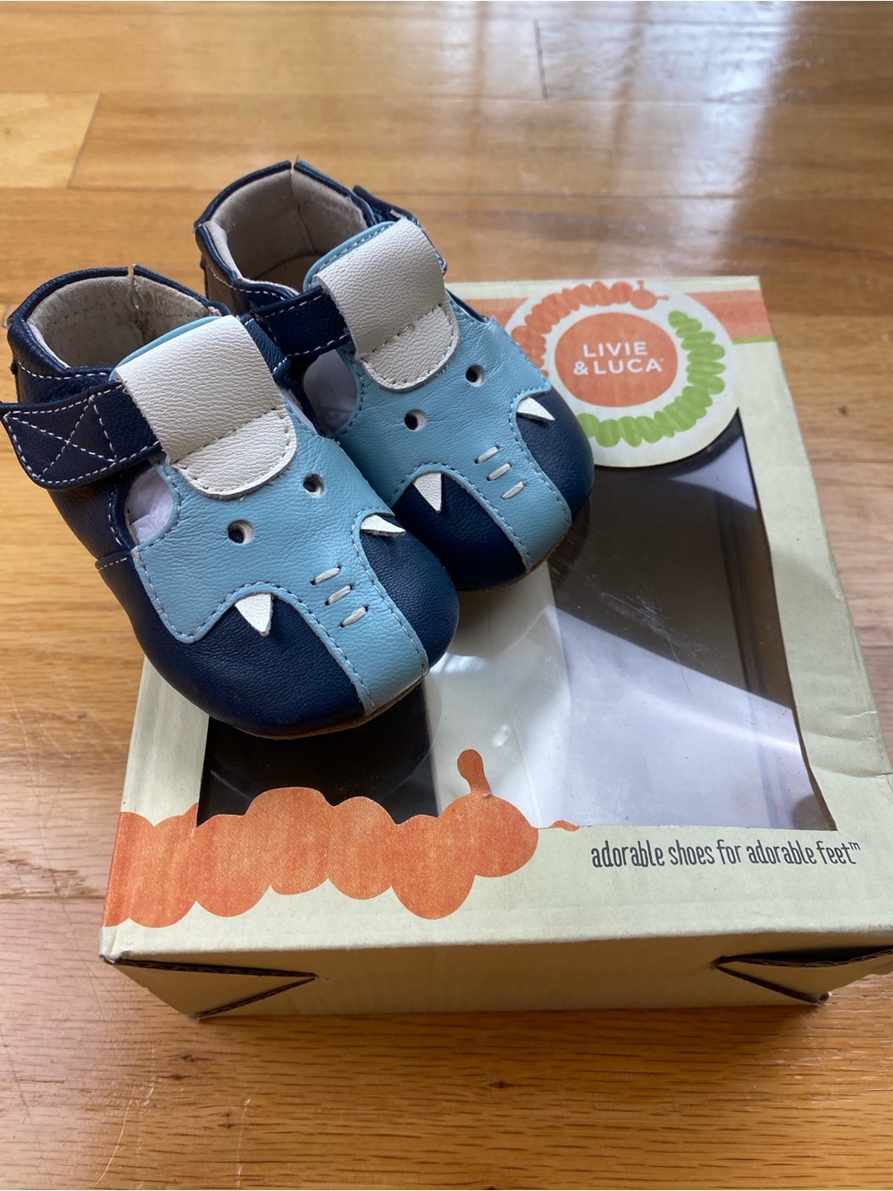 Livie Luca Elephant Baby Toddler Shoes Navy Blue Leather Hook Loop Size 0-6